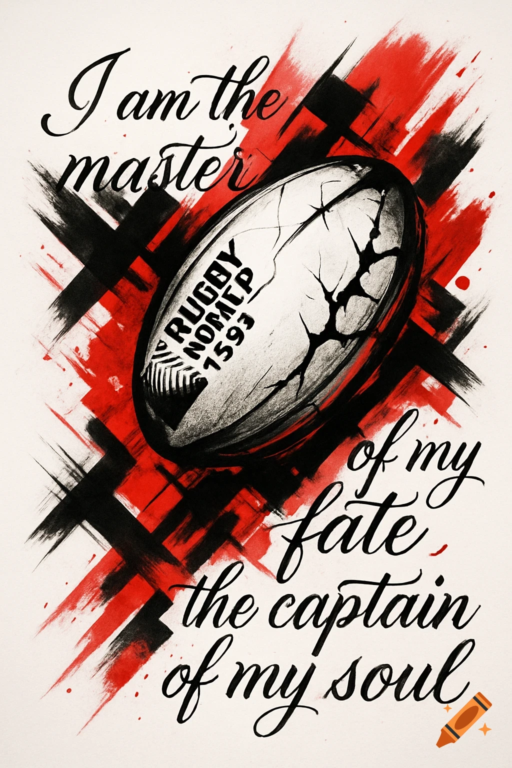 Trash polka style design of a cracked rugby ball with red and black paint strokes, overlaid with a quote in script font.