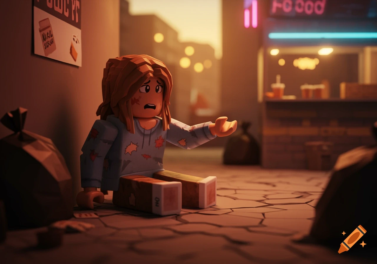 A Roblox-style homeless girl with a sad expression sits on the ground begging in a dimly lit urban alley with trash bags nearby.