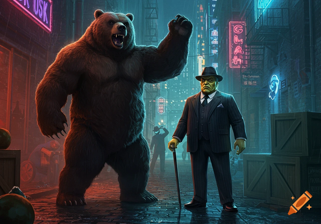 A giant roaring bear stands next to a yellow-skinned man in a pinstripe suit, holding a cane, in a neon-lit city alley.