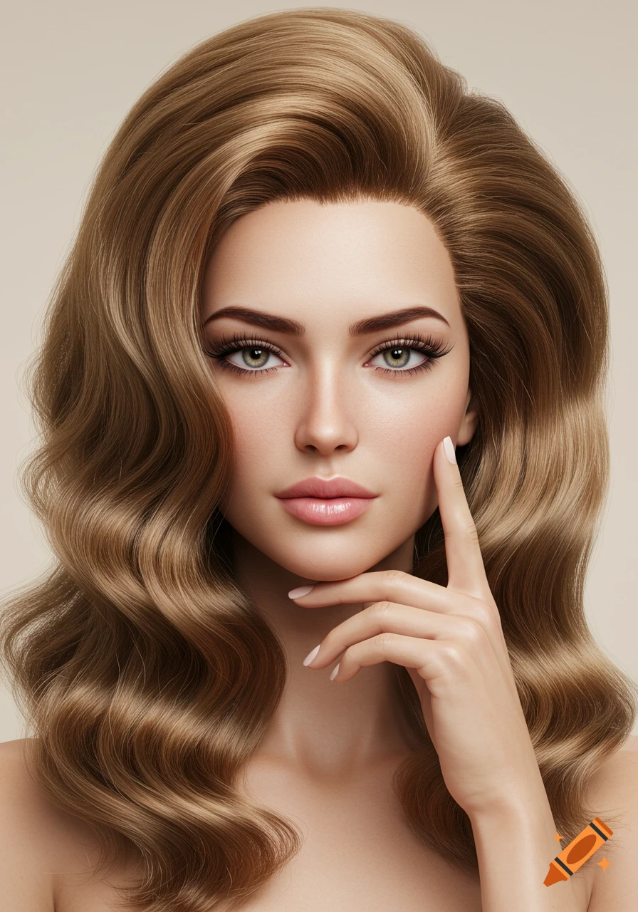 A beautiful woman with voluminous brown wavy hair and striking green eyes, posing for a beauty headshot.