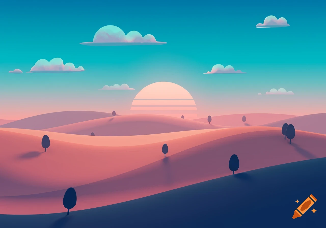 Stylized minimalist landscape with rolling pink and blue hills, silhouette trees, and a large sun under a gradient sky.