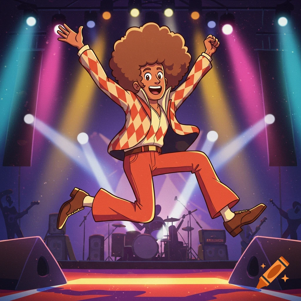 A cartoon figure with afro hair in a retro outfit jumps energetically on a stage with colorful spotlights.