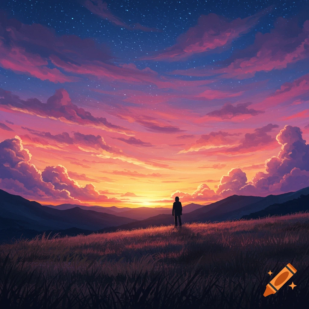A lone person stands silhouetted on a grassy hill overlooking mountains, under a vibrant pink and orange anime sunset sky with stars.
