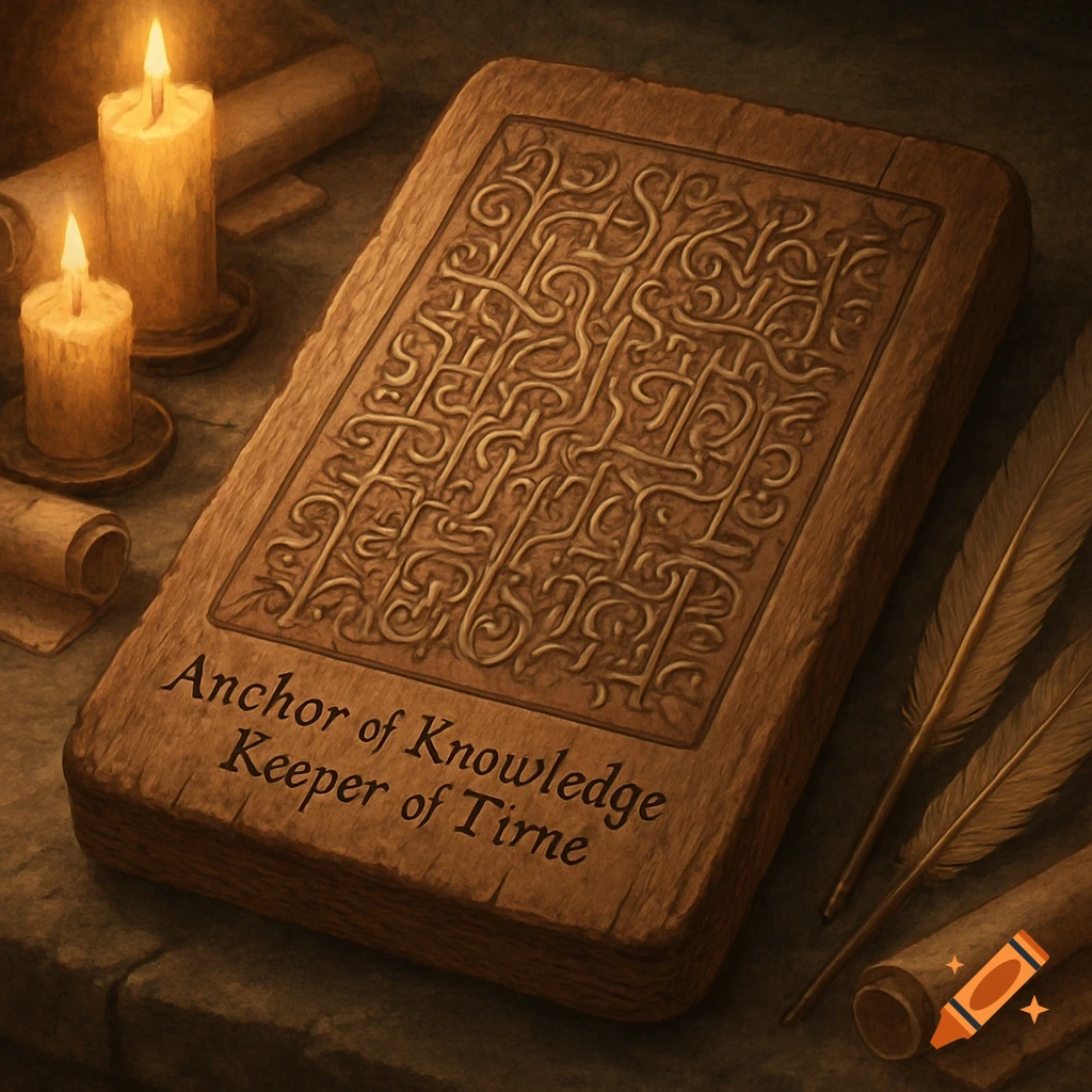 An ornate wooden tablet with carved symbols and text, lit by candles, next to quills.