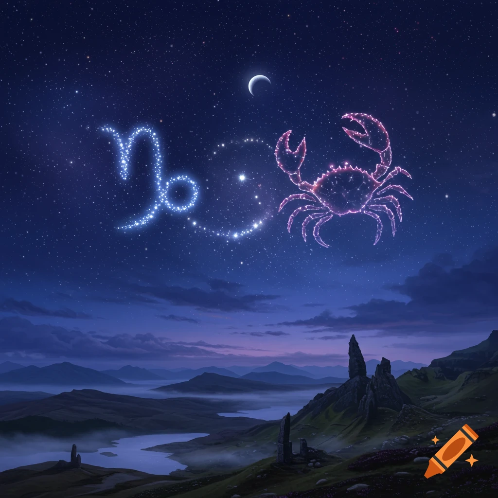 Capricorn and Cancer zodiac constellations sparkle in a dark blue night sky above a misty landscape with mountains and a river.