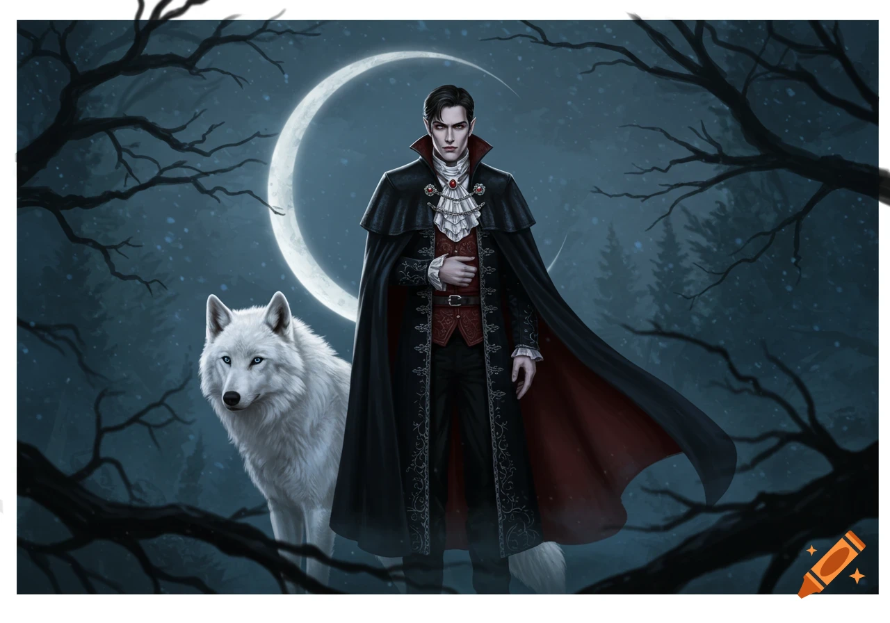 A dark-haired male vampire in a cape stands with a white wolf under a crescent moon in a snowy forest, digital art.