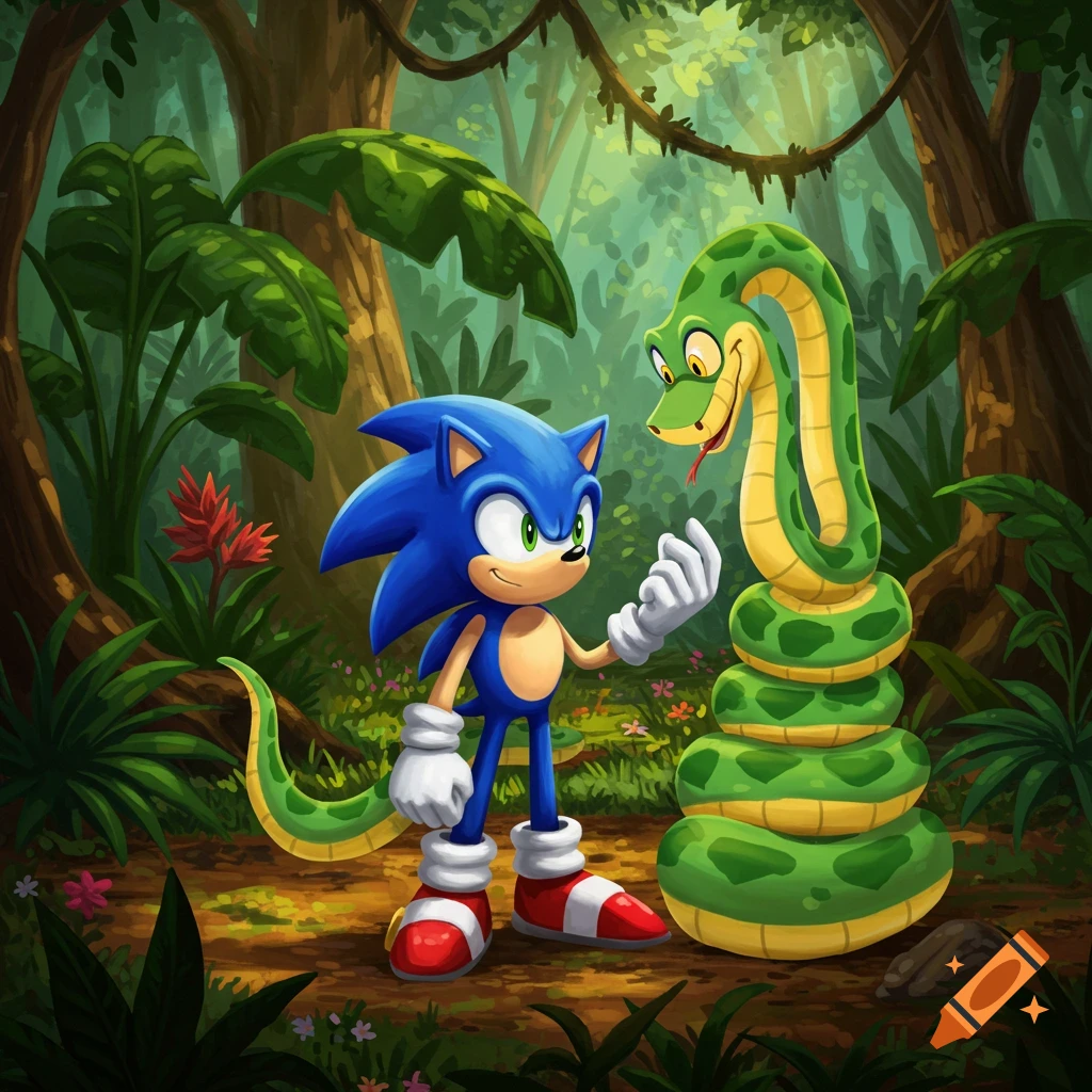 Sonic the Hedgehog stands in a lush jungle, looking at a cartoon green and yellow snake coiled beside him.