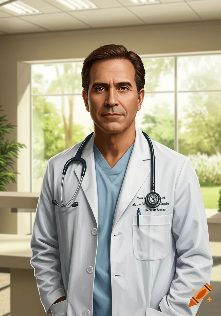 A serious-looking male doctor in a white lab coat and light blue scrubs, wearing a stethoscope, stands in a brightly lit room with large windows showing green trees outside. Photorealistic style.