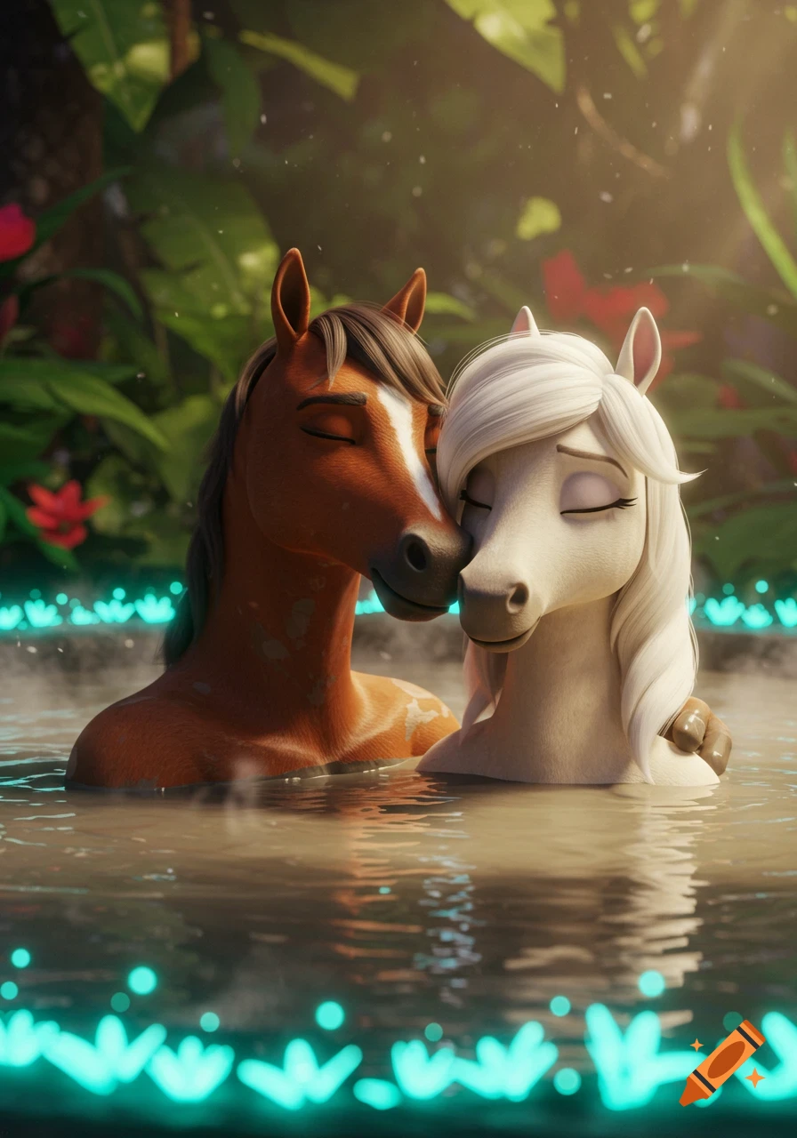 Two animated anthropomorphic horses, one brown and one white, affectionately nuzzling in a glowing mud hot tub within a lush jungle.