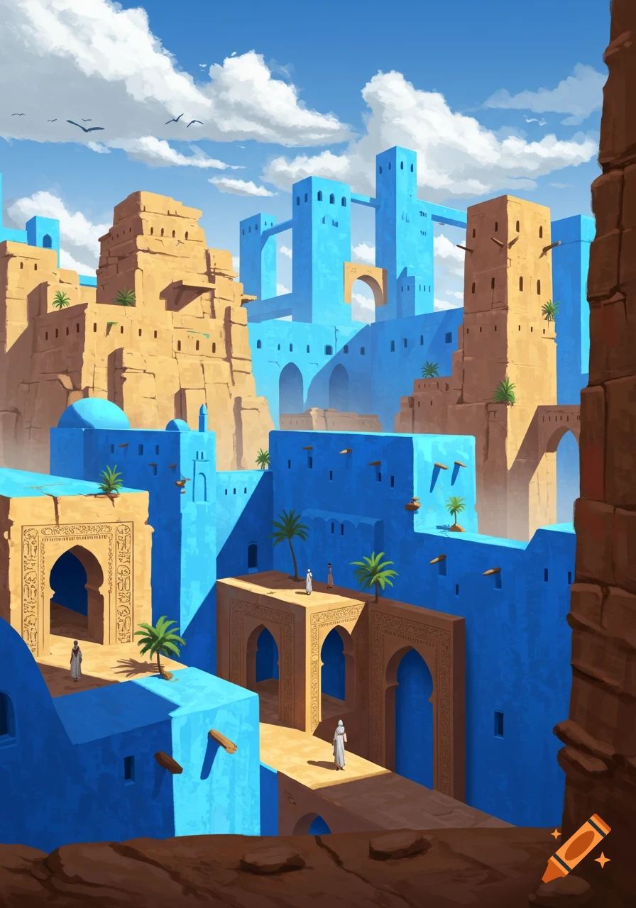 A vibrant desert city with a mix of blue concrete and sandstone buildings under a bright blue sky with white clouds. Palm trees dot the landscape, and small figures walk along pathways. The style is illustrative.