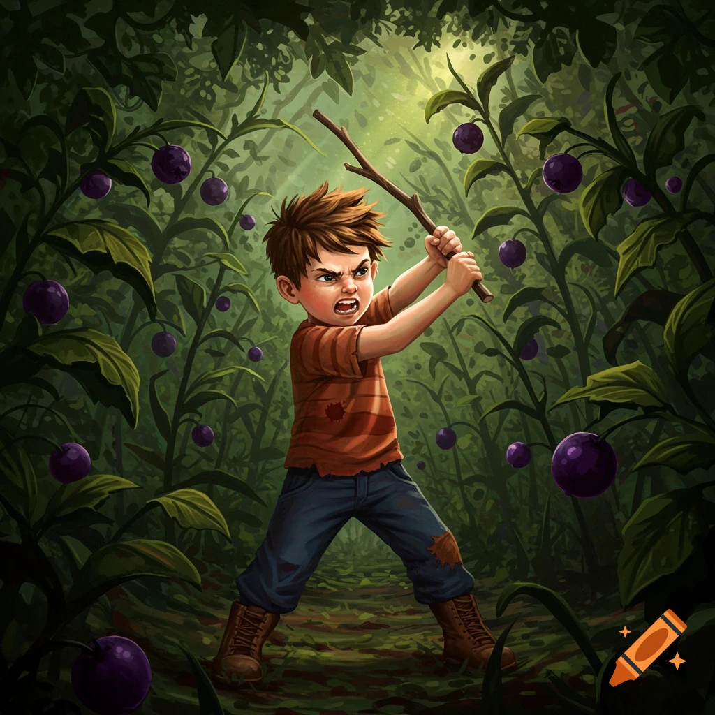 A cartoon boy with an angry face in a dense forest swings a stick at plants with purple berries.