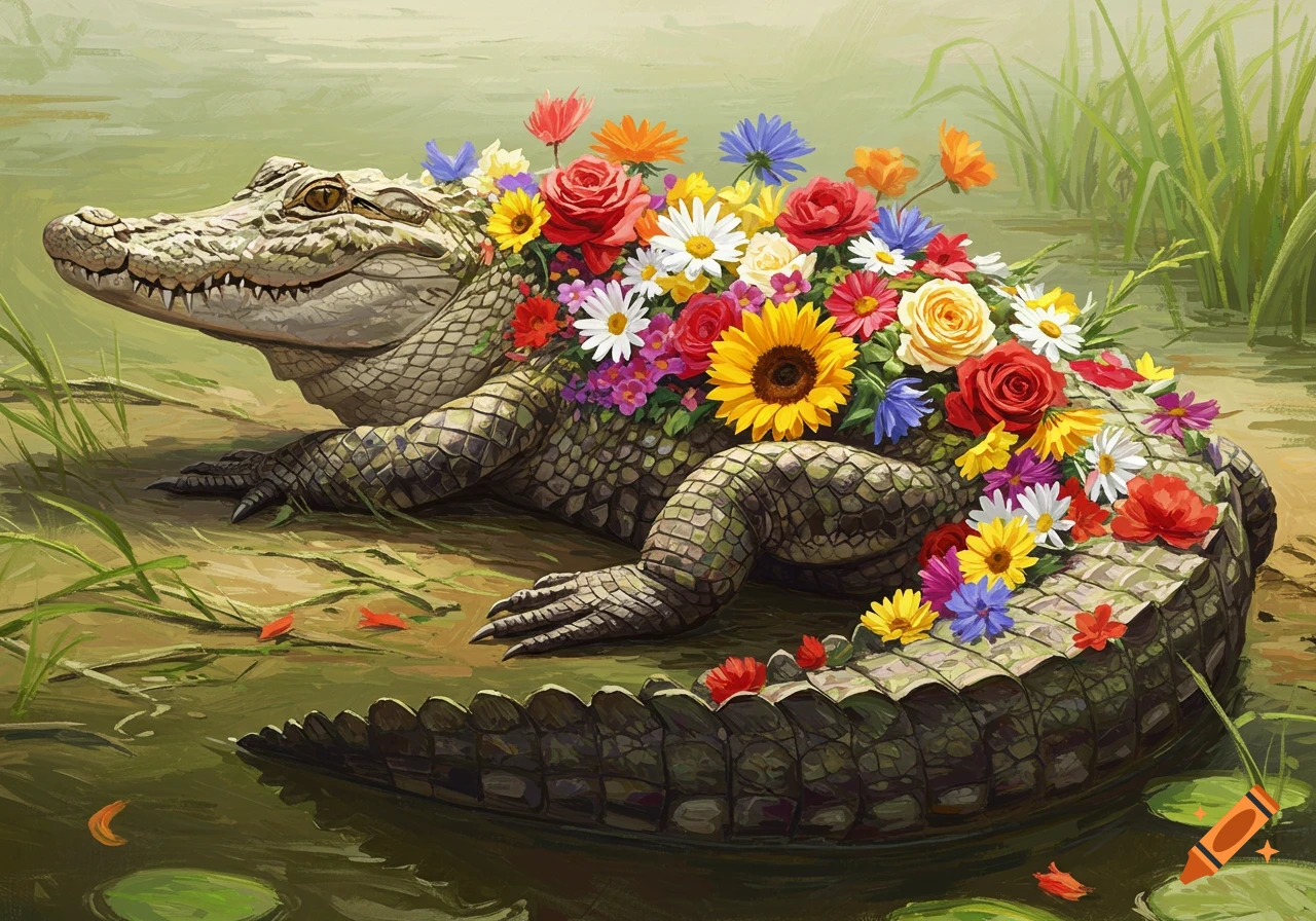 An artistic painting of an alligator in a marsh, its back and tail covered in vibrant, colorful flowers like roses, sunflowers, and daisies.