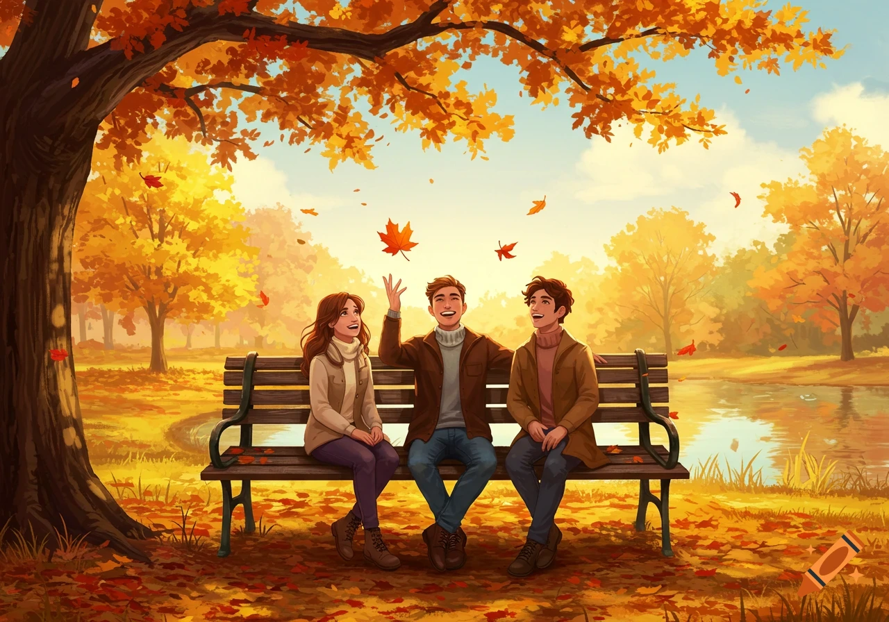 Three smiling friends sit on a bench in an autumn park with golden trees and falling leaves, next to a pond, in a vibrant illustration.