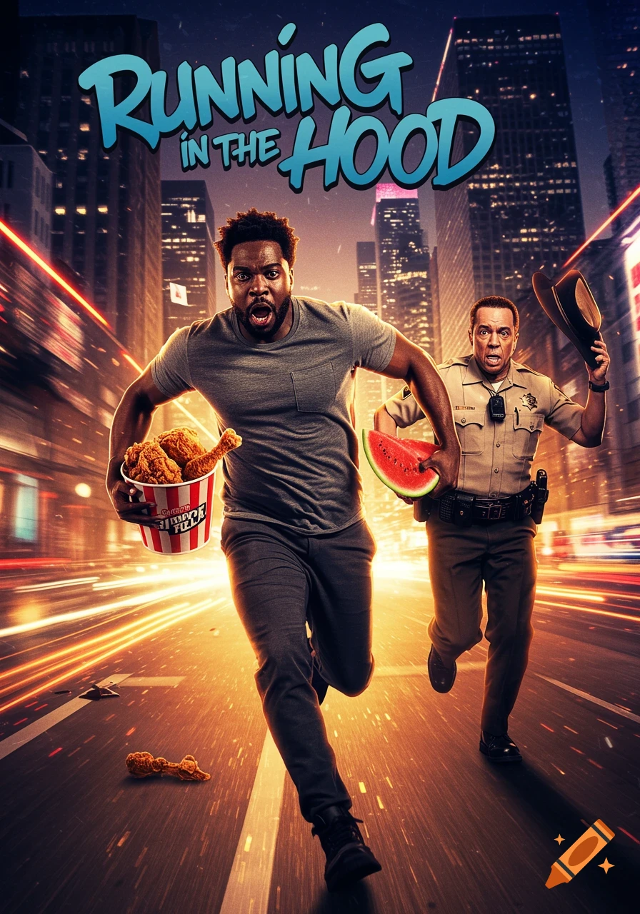 Movie poster for 'Running in the Hood' showing a black man with fried chicken running from a sheriff with watermelon in a blur of city lights.