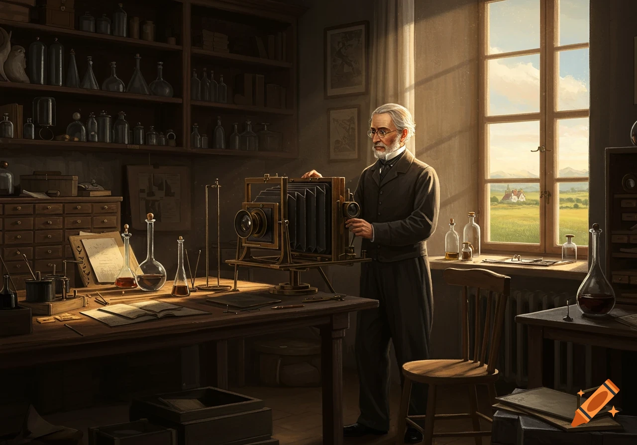 An older man in a brown suit adjusts an antique large-format camera in a dimly lit laboratory with beakers, bottles, and a sunny window view.
