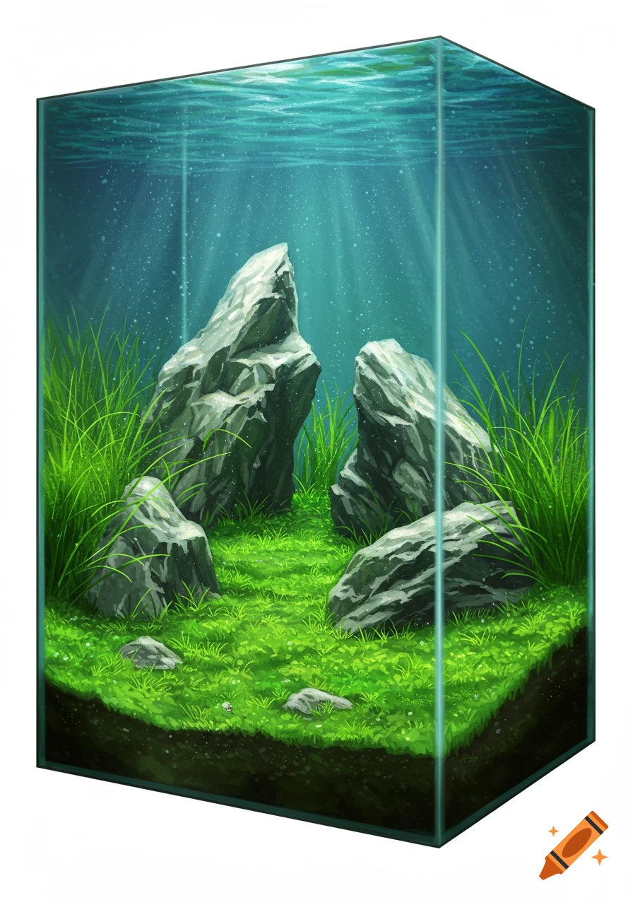Stylized illustration of a clear glass aquarium with lush green aquatic plants, large grey rocks, and light rays filtering through the water.