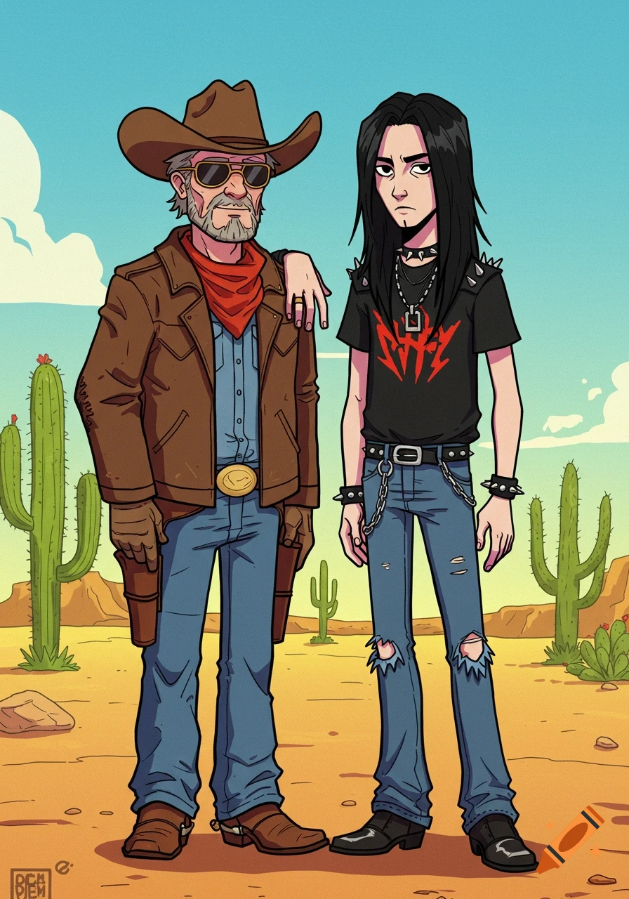 A 2D cartoon of an older cowboy and a male heavy metal teenager standing in a desert landscape.