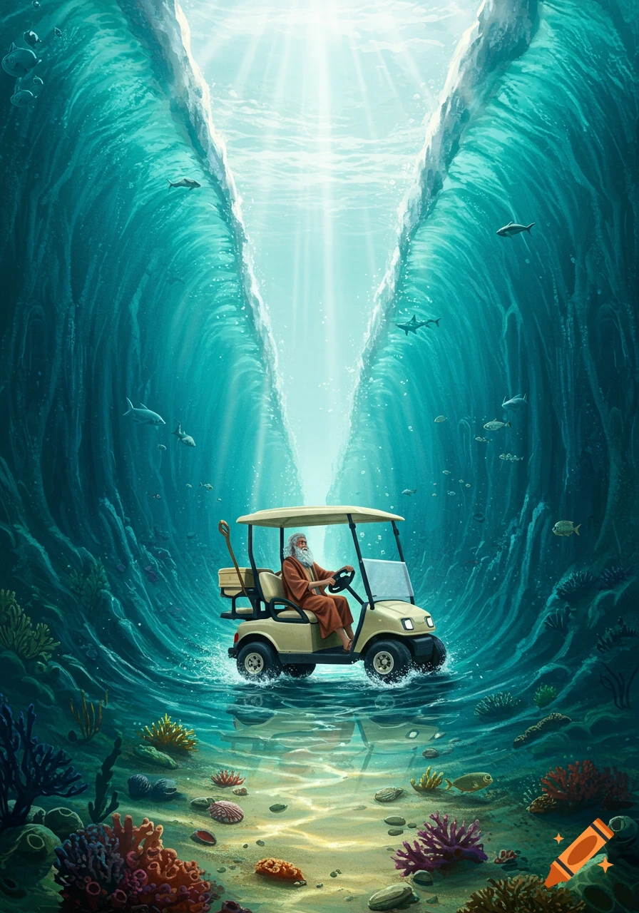Moses drives a golf cart through the parted Red Sea, with towering walls of water and marine life on the vibrant seabed.