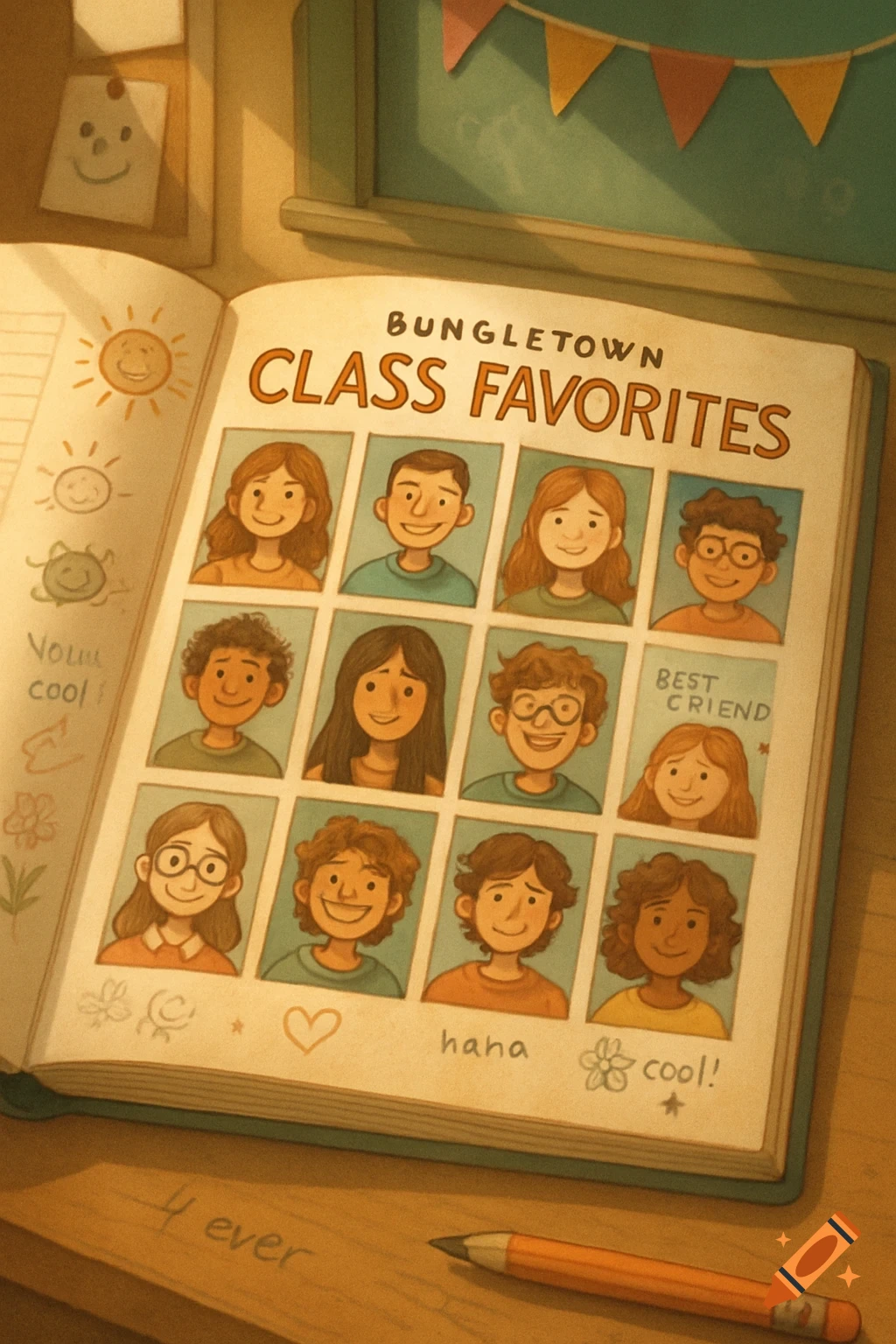 A cartoon-style open yearbook page displays 'BUNGLETOWN CLASS FAVORITES' with multiple portraits of smiling students, surrounded by handwritten notes and doodles.