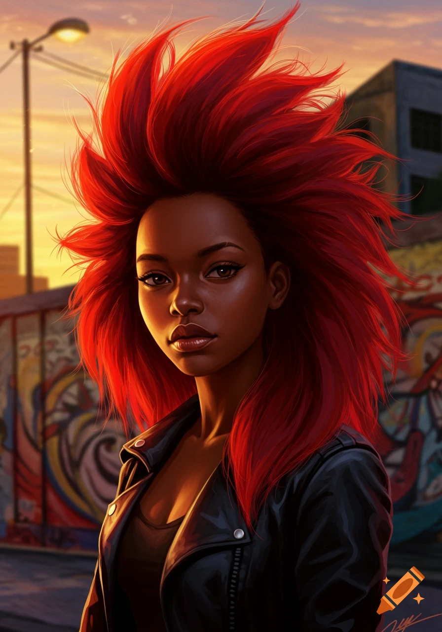 A detailed digital art portrait of a black woman with spiky bright red hair and a black leather jacket, against an urban graffiti background at sunset.