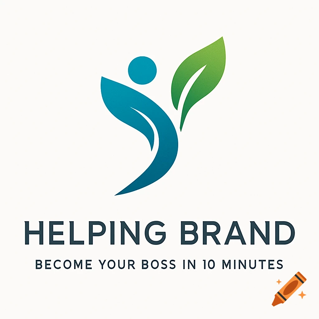 Modern minimalist logo with a teal and blue abstract figure and green leaf above 'HELPING BRAND' text.