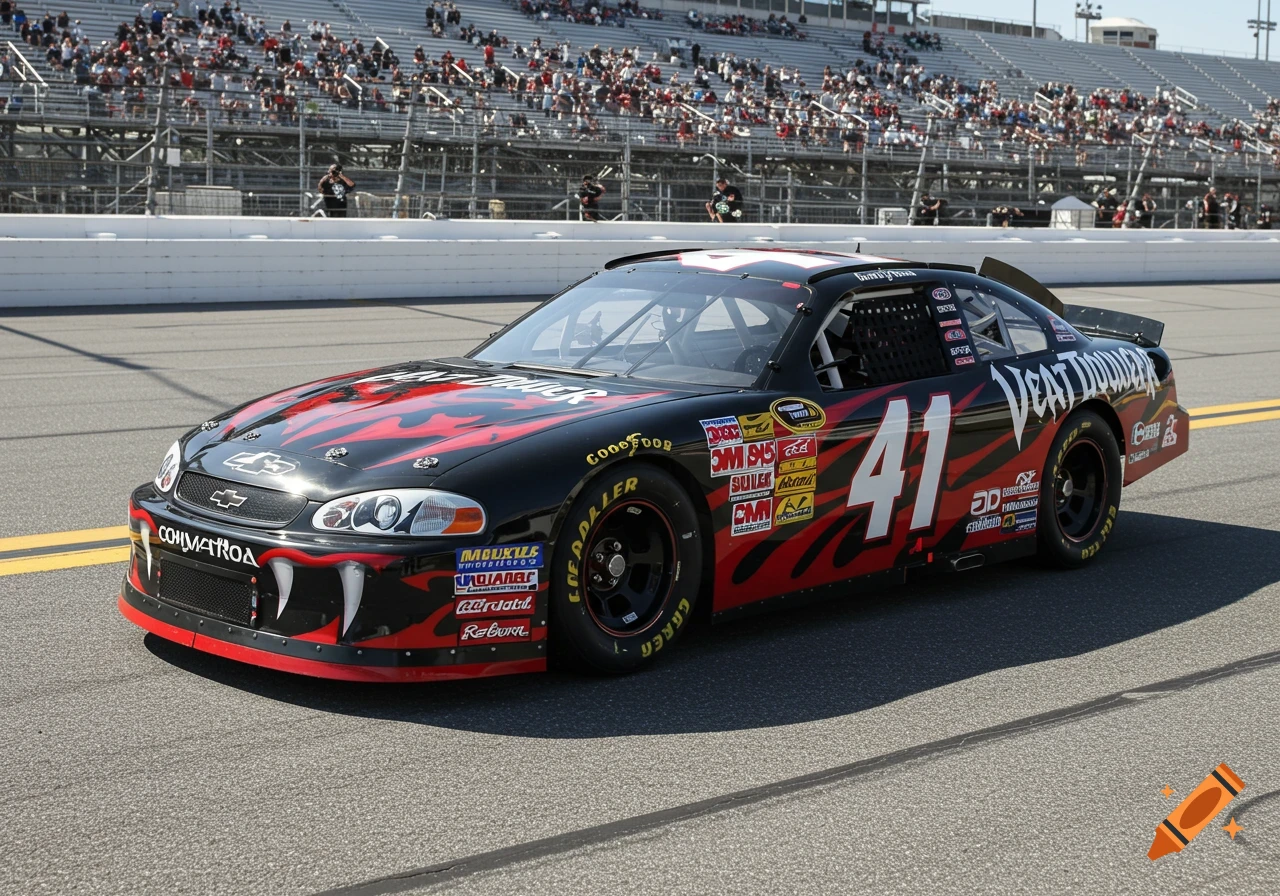 A black and red vampire-themed NASCAR stock car with the number 41 on the side, parked on a race track in front of spectators.