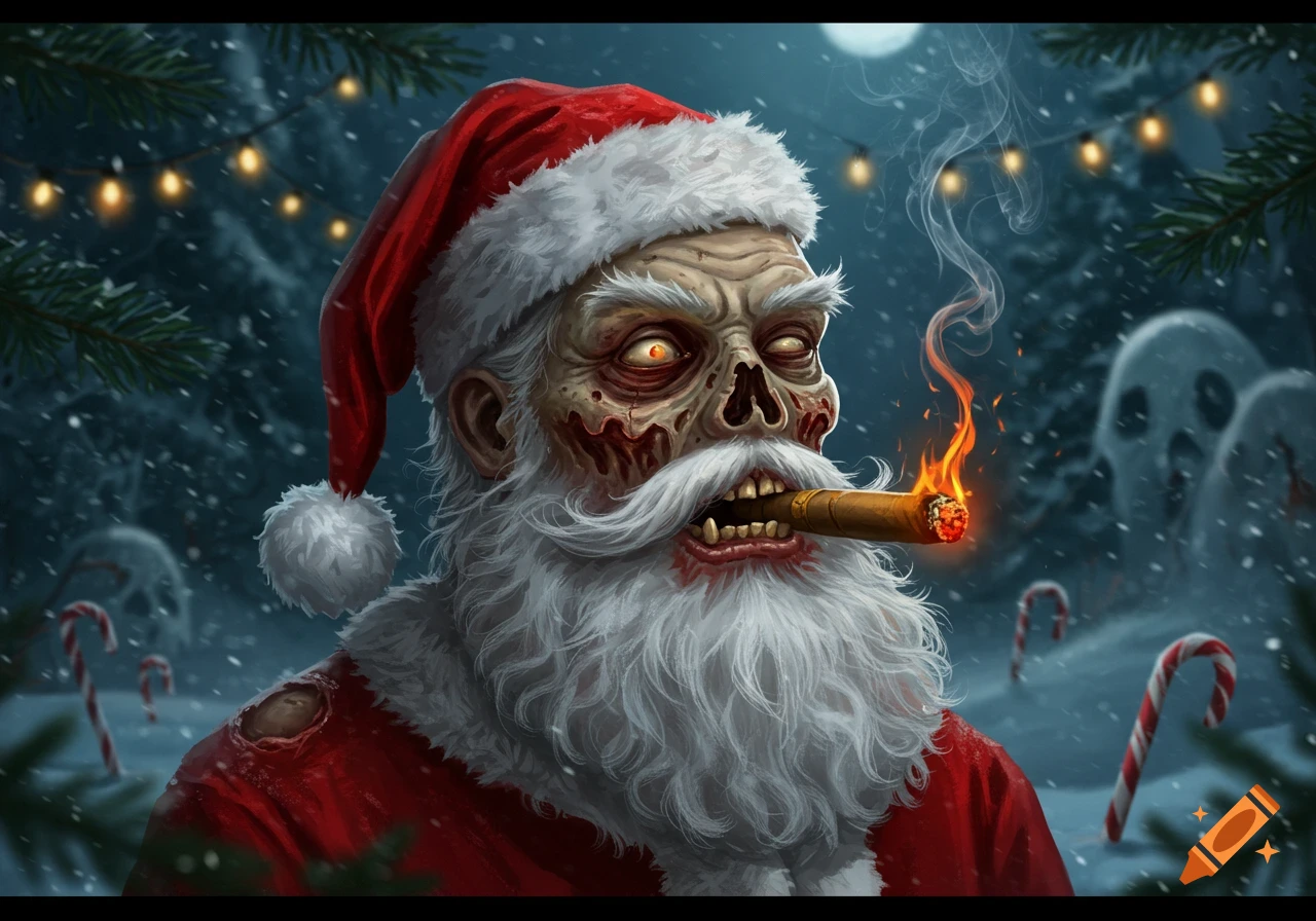A creepy zombie Santa with glowing eyes and rotting flesh smokes a flaming cigar in a snowy, eerie forest with ghosts and candy canes.