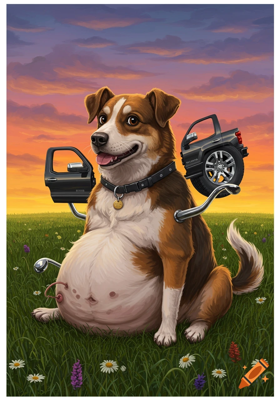 A cartoonish dog with a comically swollen belly sits in a field, with parts of a black Chevy Silverado truck seemingly embedded into its body. The background is a vibrant sunset sky.