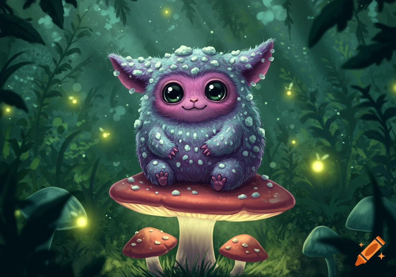 A cute, fluffy purple creature with big green eyes sits on a red mushroom in a dark, magical forest with glowing fireflies. Illustration.