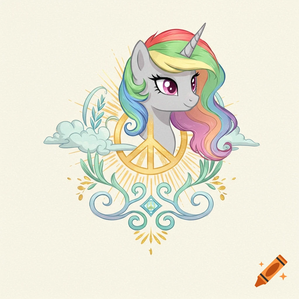A cartoon grey unicorn with rainbow mane and pink eyes, centered above a golden peace sign surrounded by decorative swirls, clouds, and sun rays.