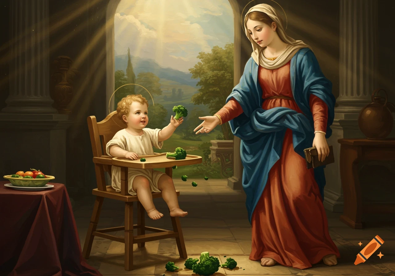 Classical painting of Baby Jesus in a high chair throwing broccoli, with Mother Mary watching, in an arched room with a landscape view.