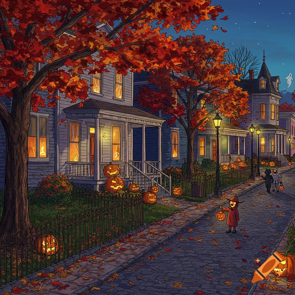A whimsical illustration of a Halloween street at dusk. Kids trick-or-treating, houses with glowing jack-o'-lanterns, and autumn leaves.