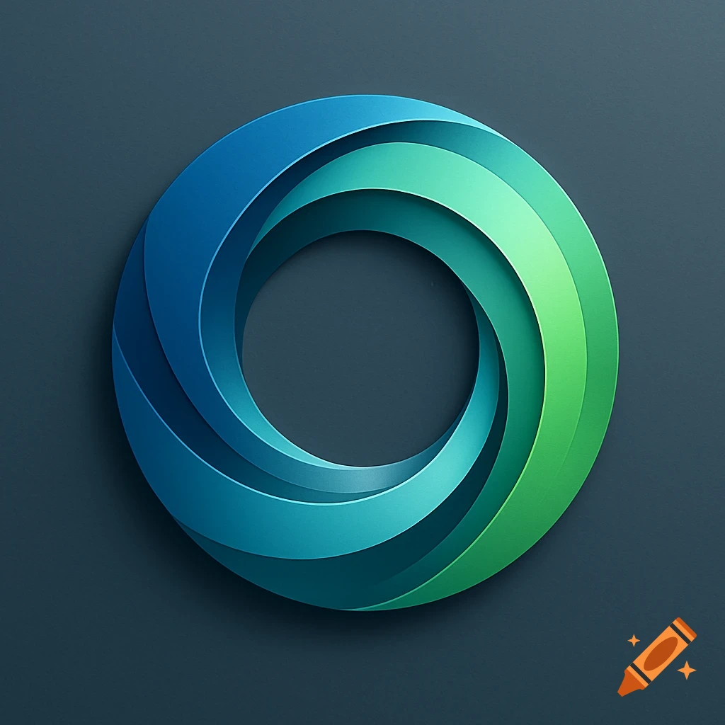 A spiraling circular design transitions from deep blue to bright green, with shadows giving a 3D effect on a dark gray background.