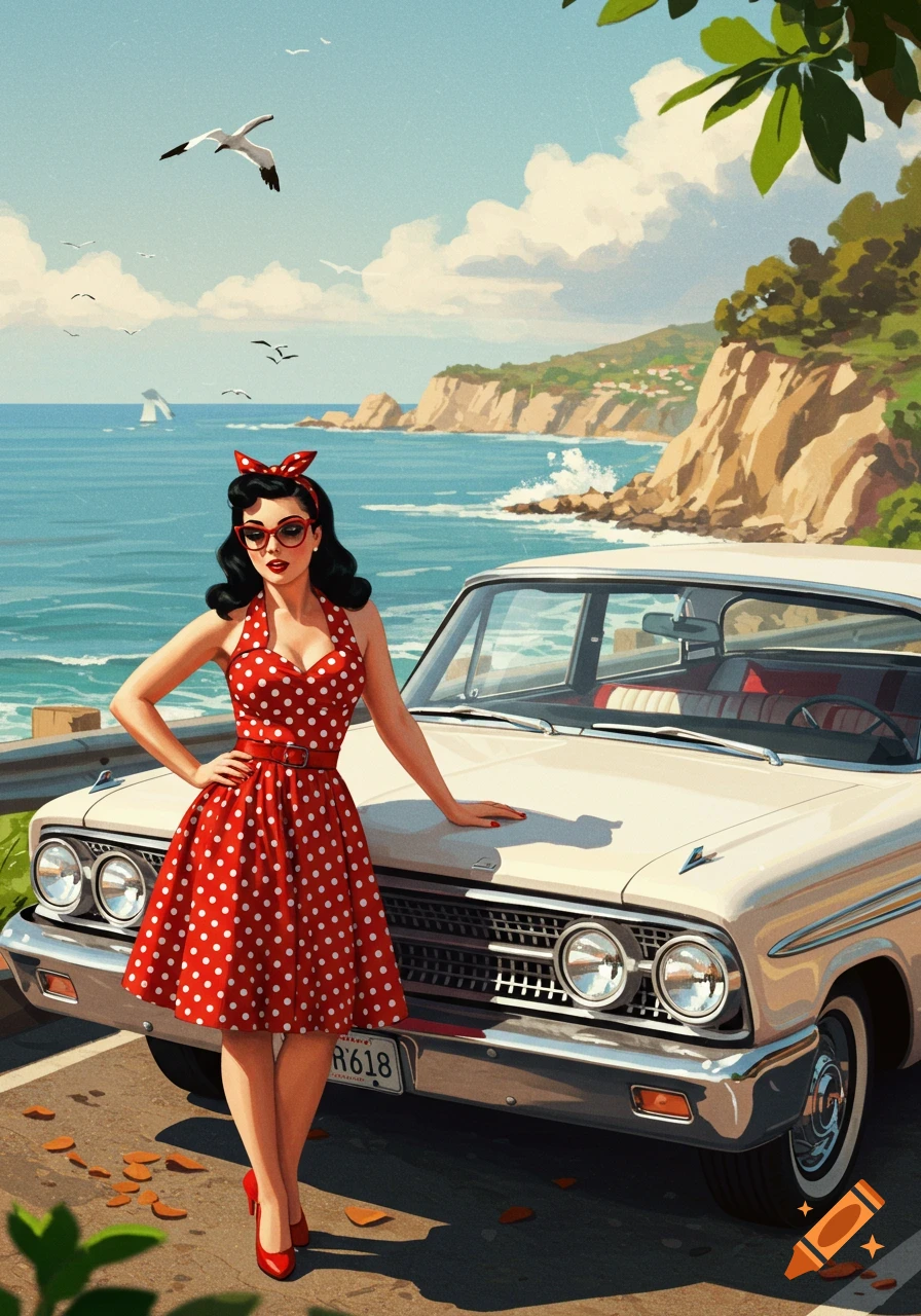 Pin-up girl in red polka-dot dress and sunglasses stands by a white vintage car on a sunny coastal road with ocean and cliffs.
