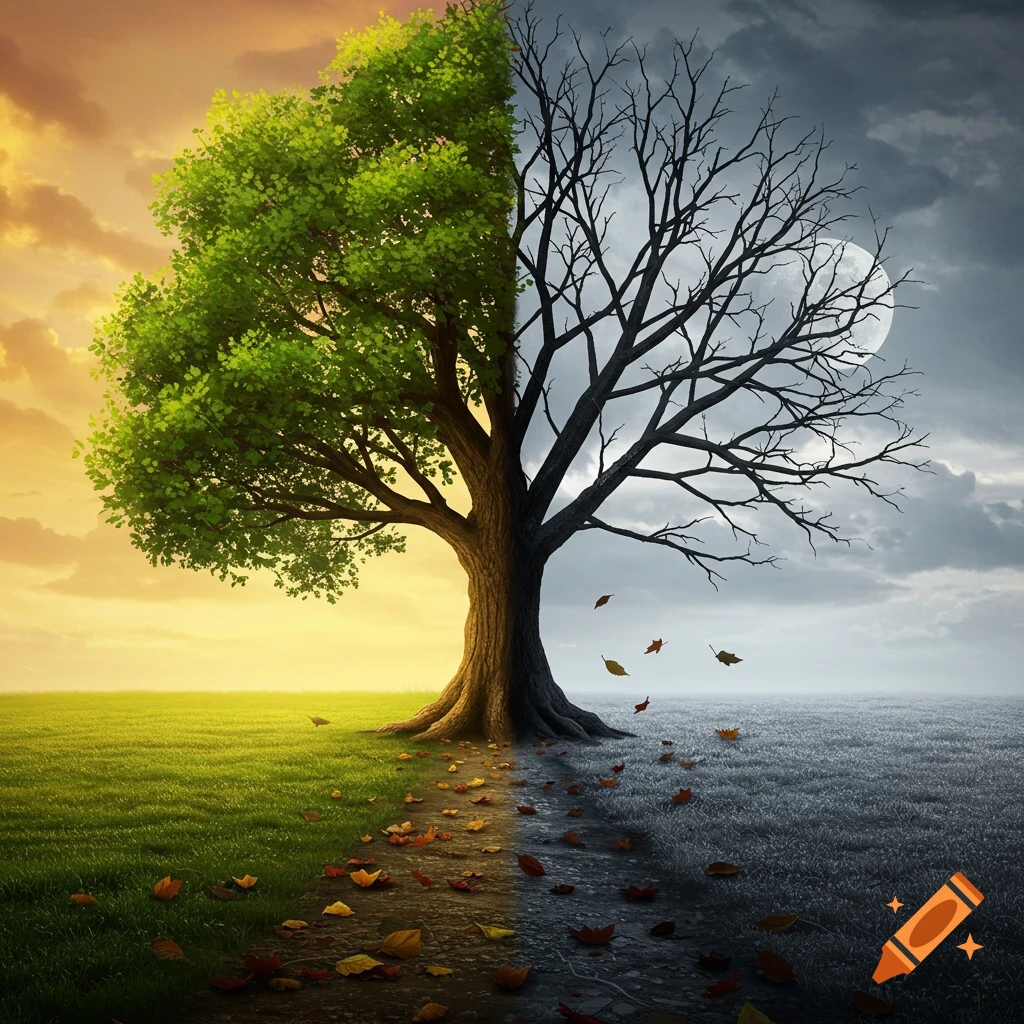 A single tree split down the middle; one half vibrant green in sunlight, the other barren under a dark, moonlit sky with fallen leaves.