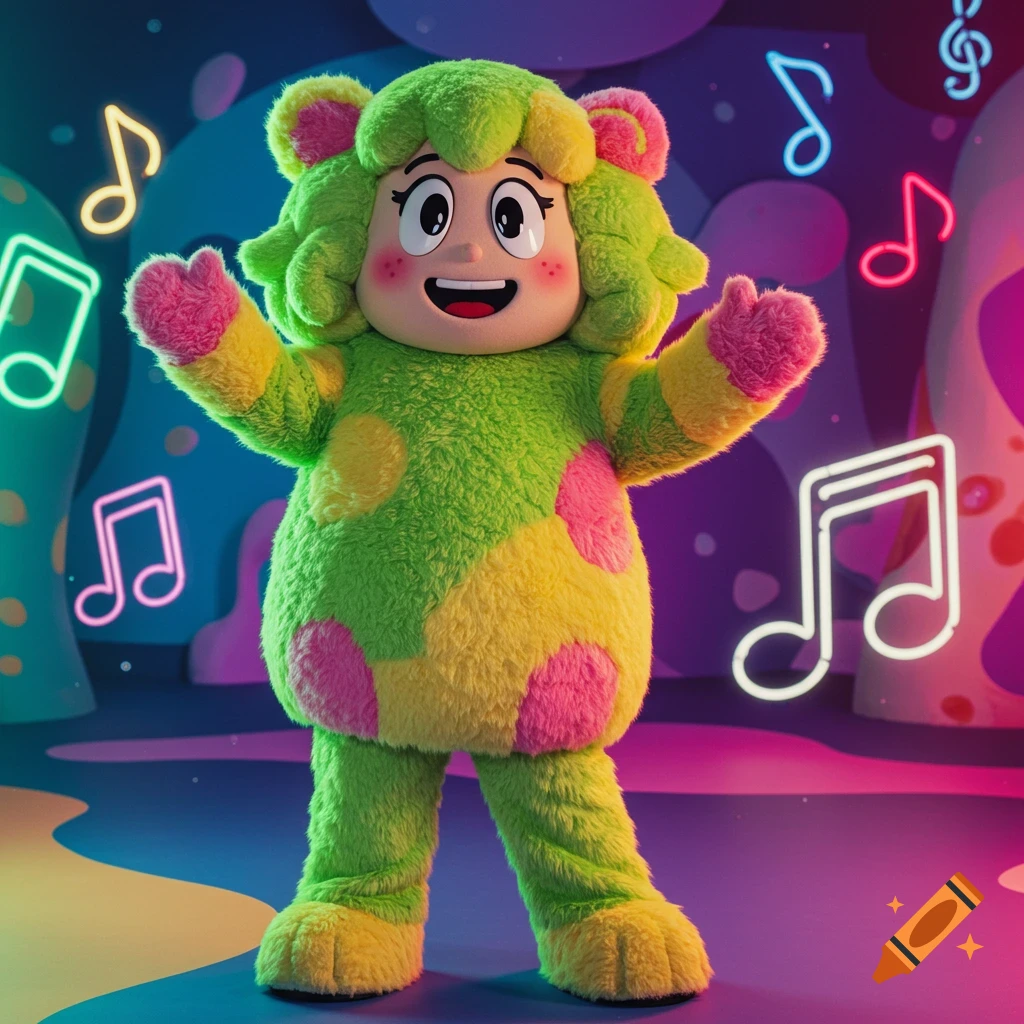 A vibrant green and yellow fuzzy mascot character with pink spots and ears, smiling in a whimsical setting with neon musical notes.