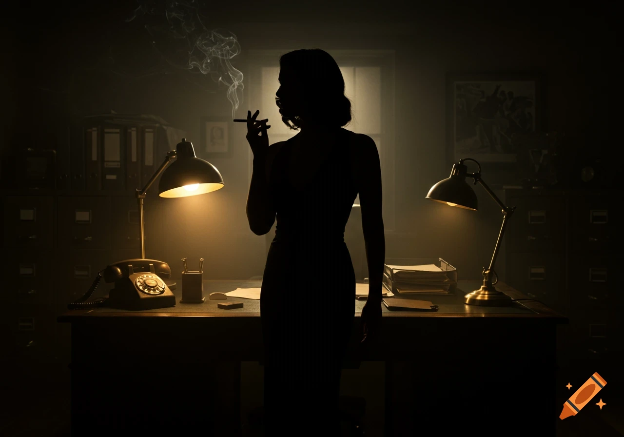 A woman's silhouette smoking a cigarette in a smoky, dimly lit film noir private detective's office.