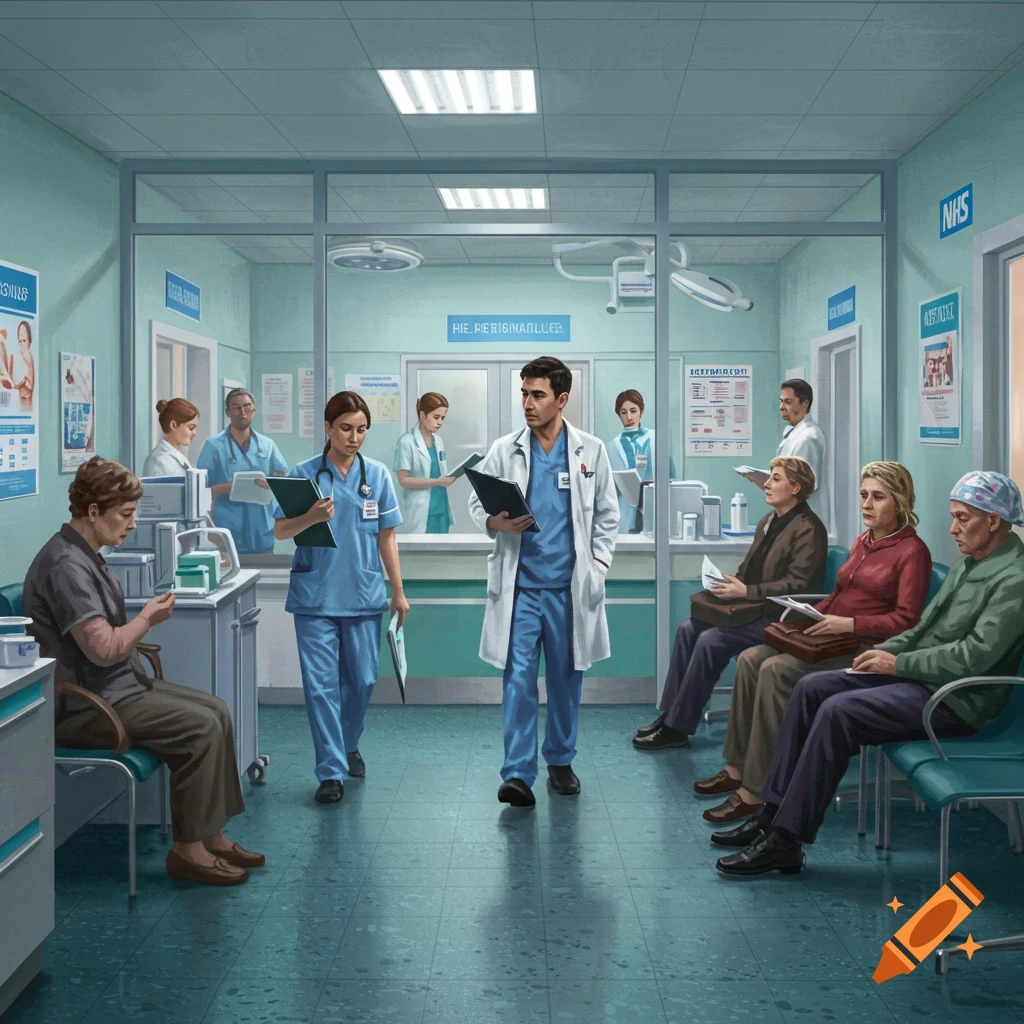 An illustration of a busy NHS clinic waiting room and reception area. Doctors and nurses walk through, while patients sit on chairs.