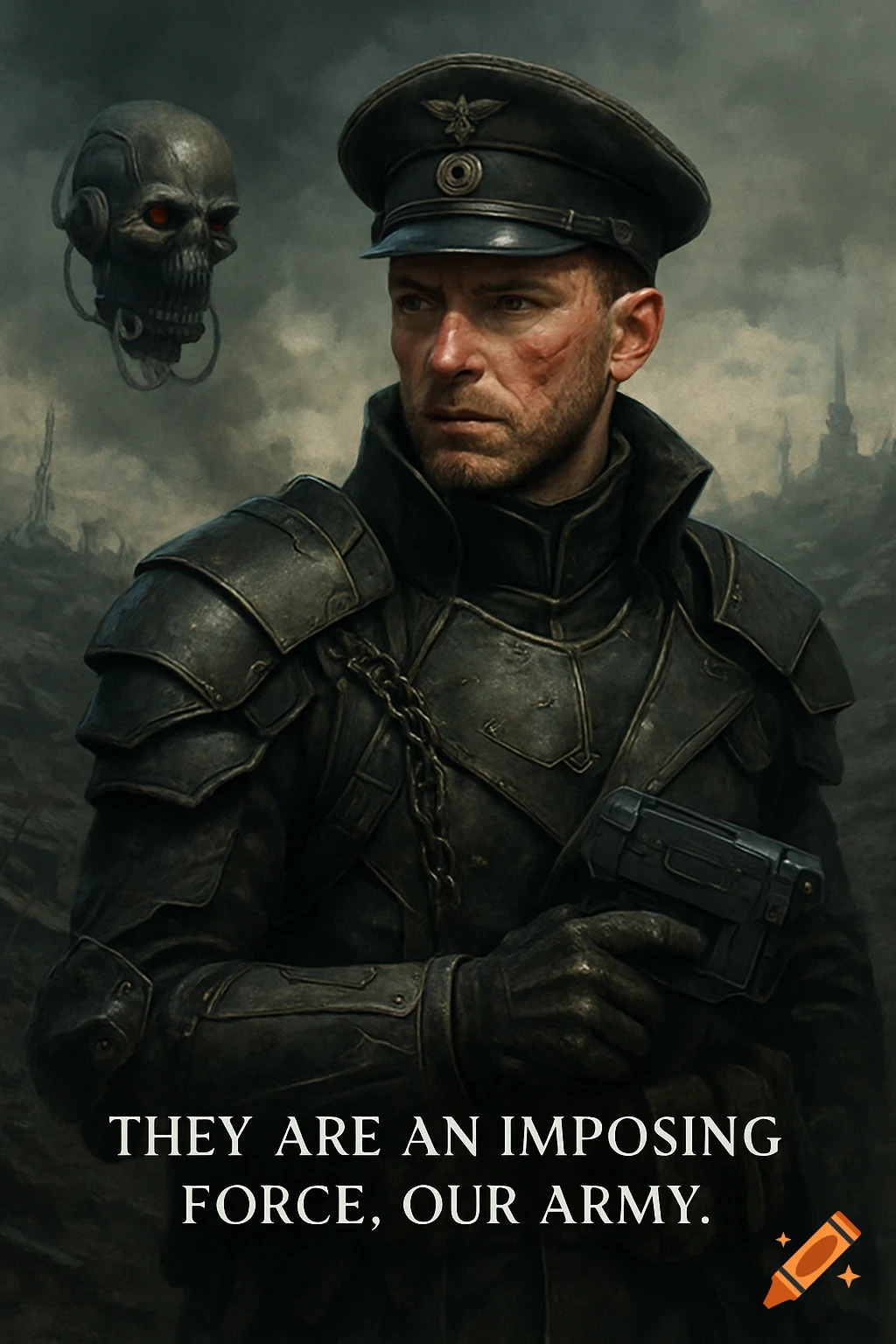 A grim soldier in dark futuristic military armor and peaked cap, holding a gun, stands against a smoky, post-apocalyptic sky with a hovering mechanical skull. Text reads "THEY ARE AN IMPOSING FORCE, OUR ARMY."