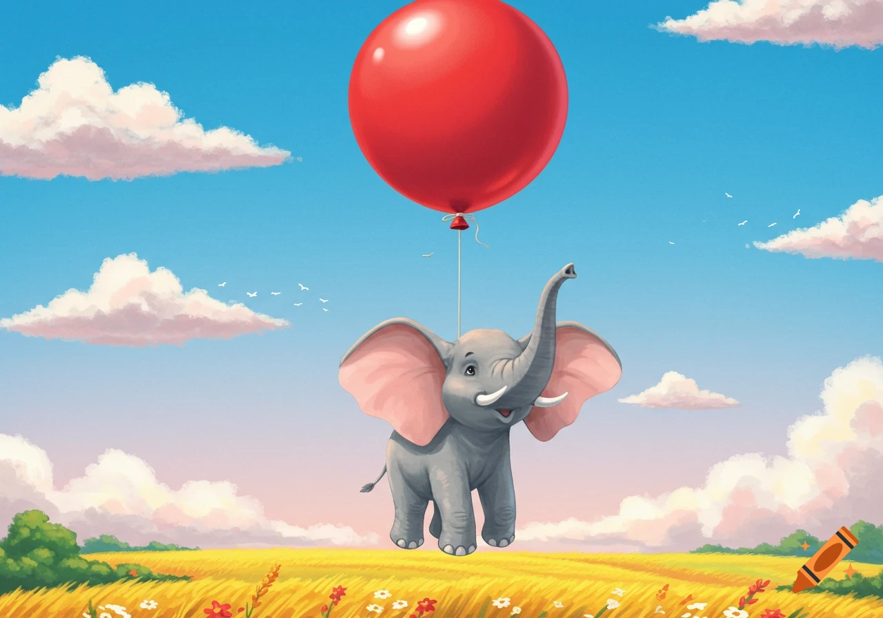 A whimsical cartoon elephant floats through a bright blue sky, holding a large red balloon above a golden field.