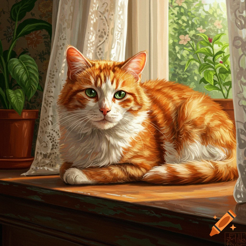 A painting of a fluffy ginger cat with green eyes lying on a sunlit wooden windowsill, with lace curtains and plants.