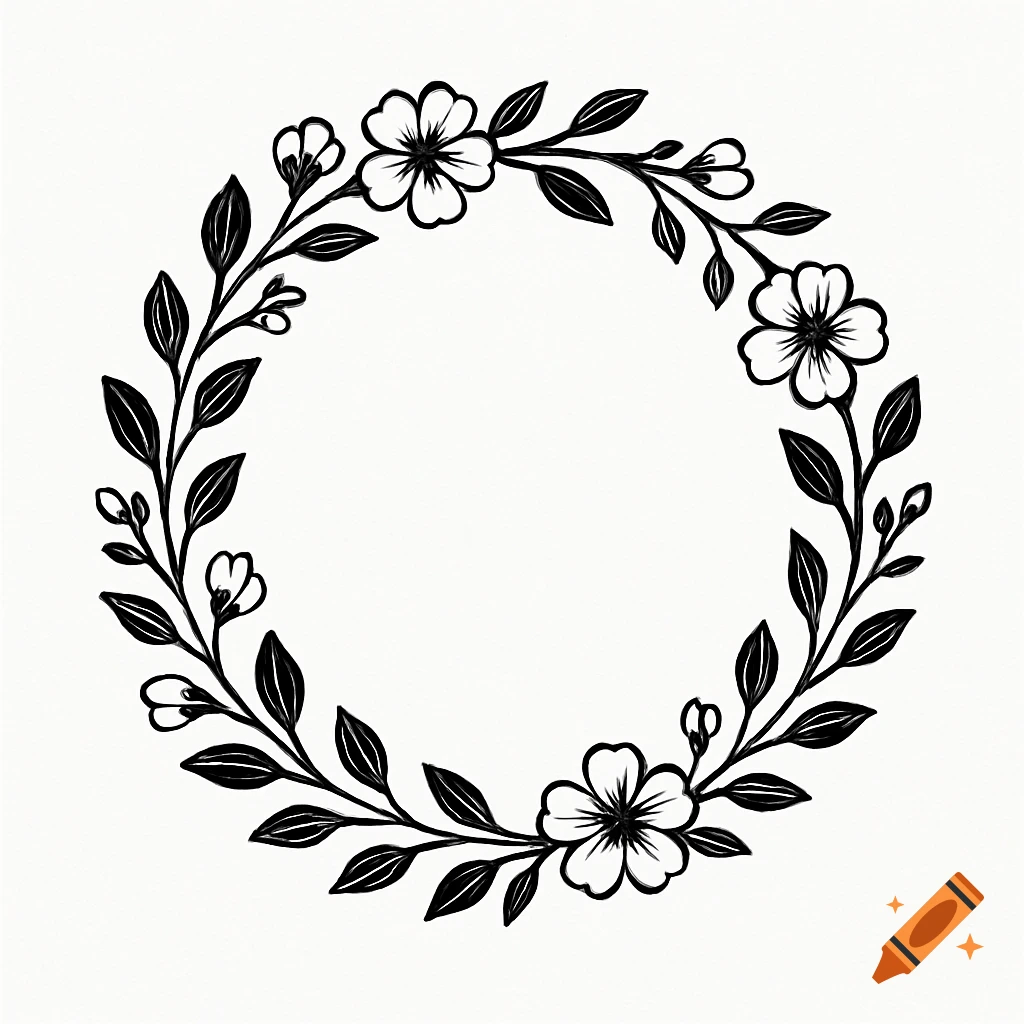 A black and white circular floral wreath with outline flowers and leaves, leaving an empty center.