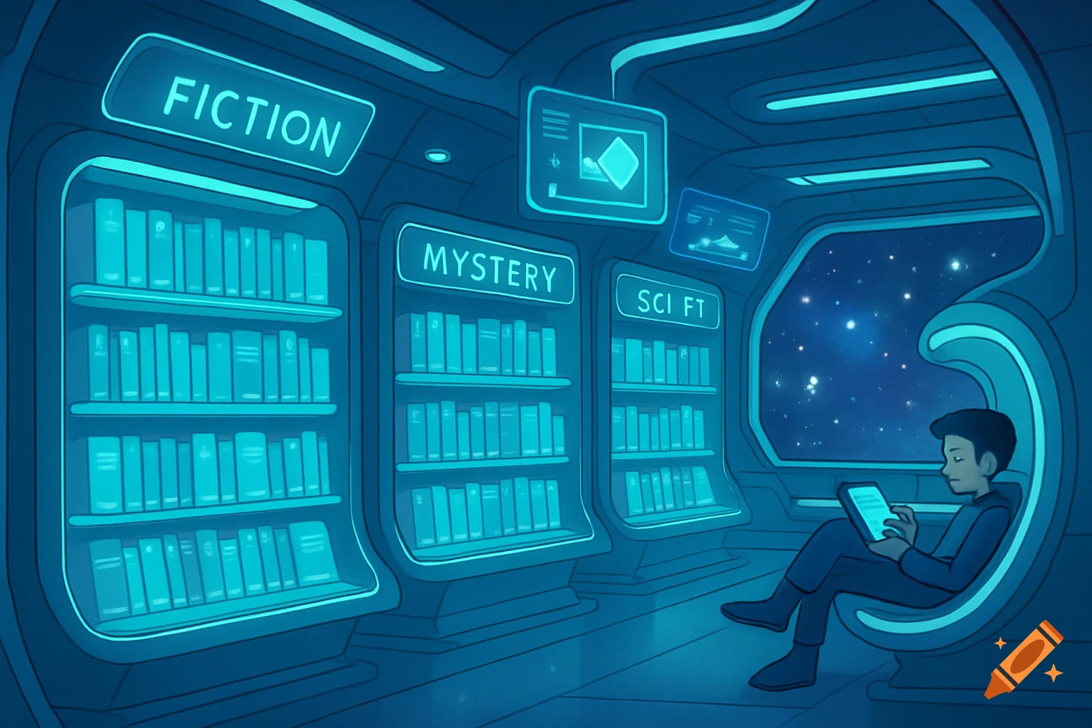 A child reads on a tablet in a futuristic spaceship library with glowing shelves labeled Fiction, Mystery, and Sci Fi, overlooking space.