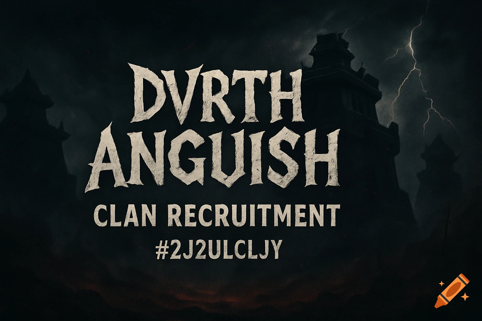 Dark fantasy recruitment banner for Dvrth Anguish clan, with silhouetted castles and lightning.