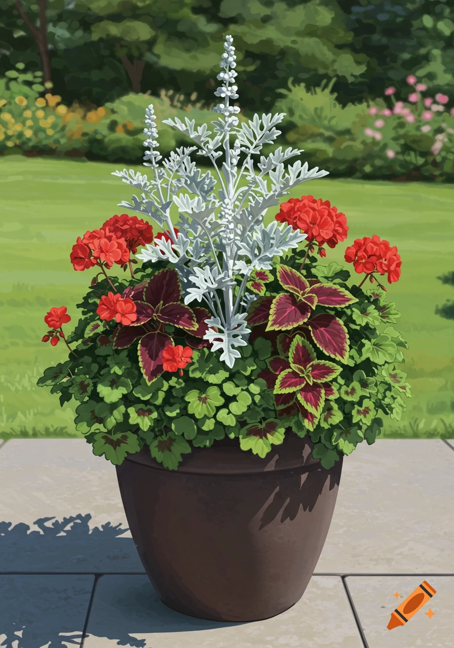 A brown planter filled with red geraniums, silvery dusty miller, and colorful coleus and heucheras on a patio, with a green garden in the background.