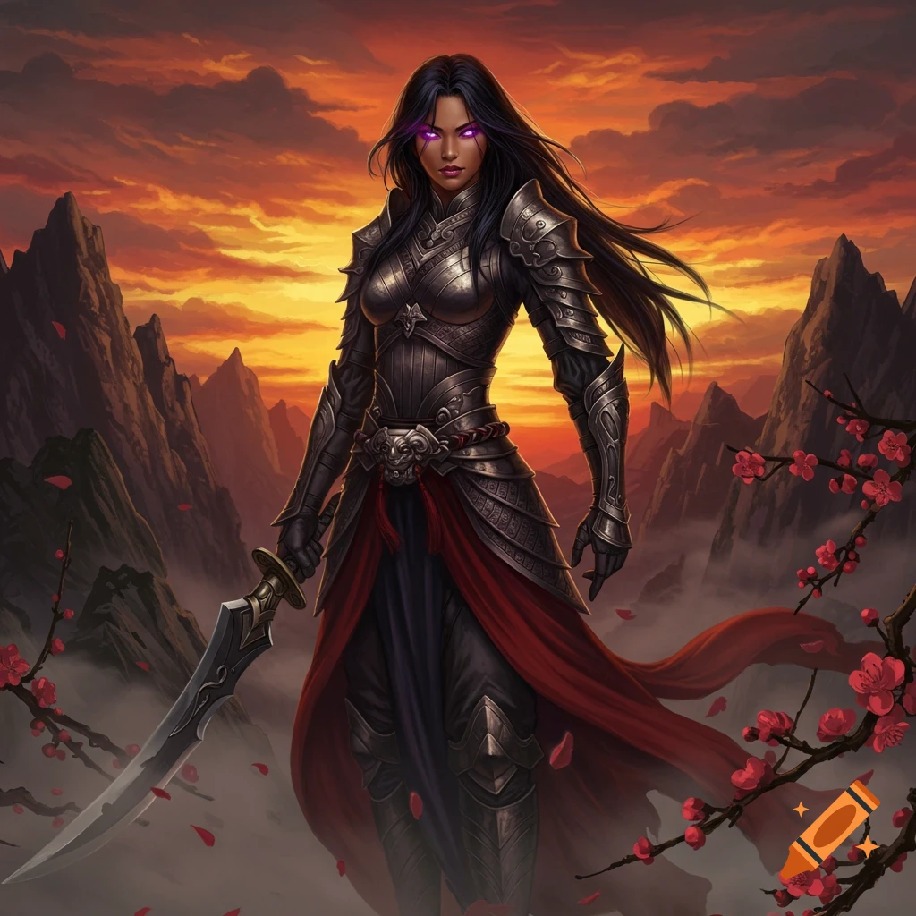 Female warrior with glowing purple eyes in dark armor, holding a sword in a misty mountain sunset with cherry blossoms.