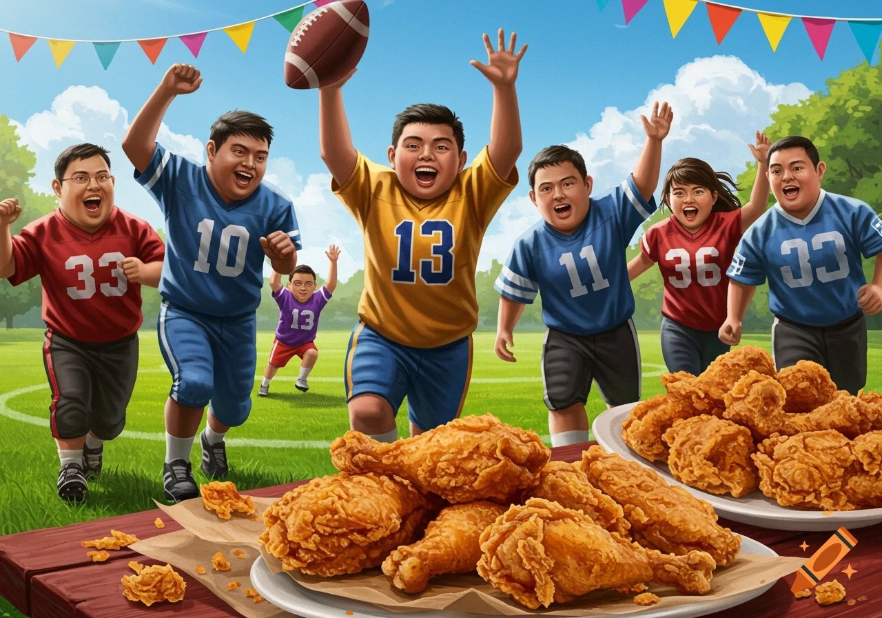 A group of cheerful people in football jerseys celebrating on a field with a large platter of fried chicken in the foreground. One person holds a football overhead.