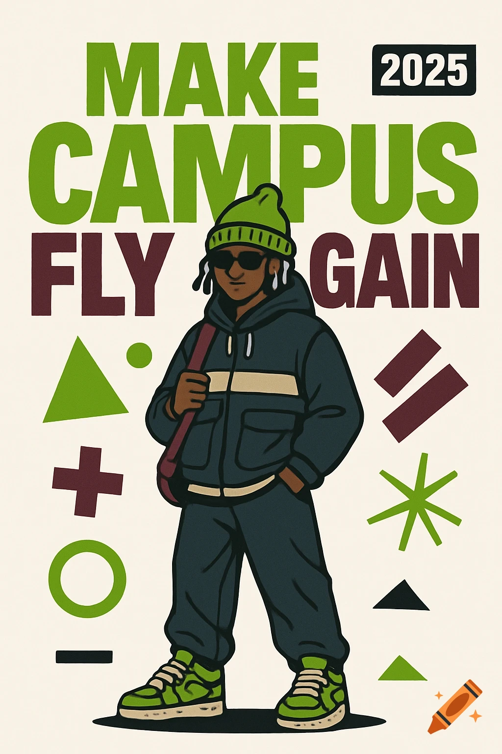 Illustrated poster of a person in streetwear, with text "MAKE CAMPUS FLY AGAIN" and "2025" and geometric shapes.