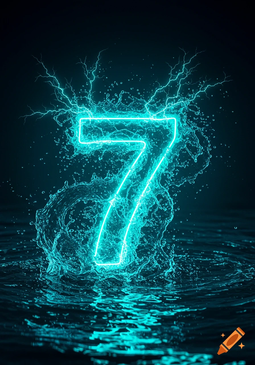 A glowing cyan neon number 7 rises from dark water with electric sparks and splashes.