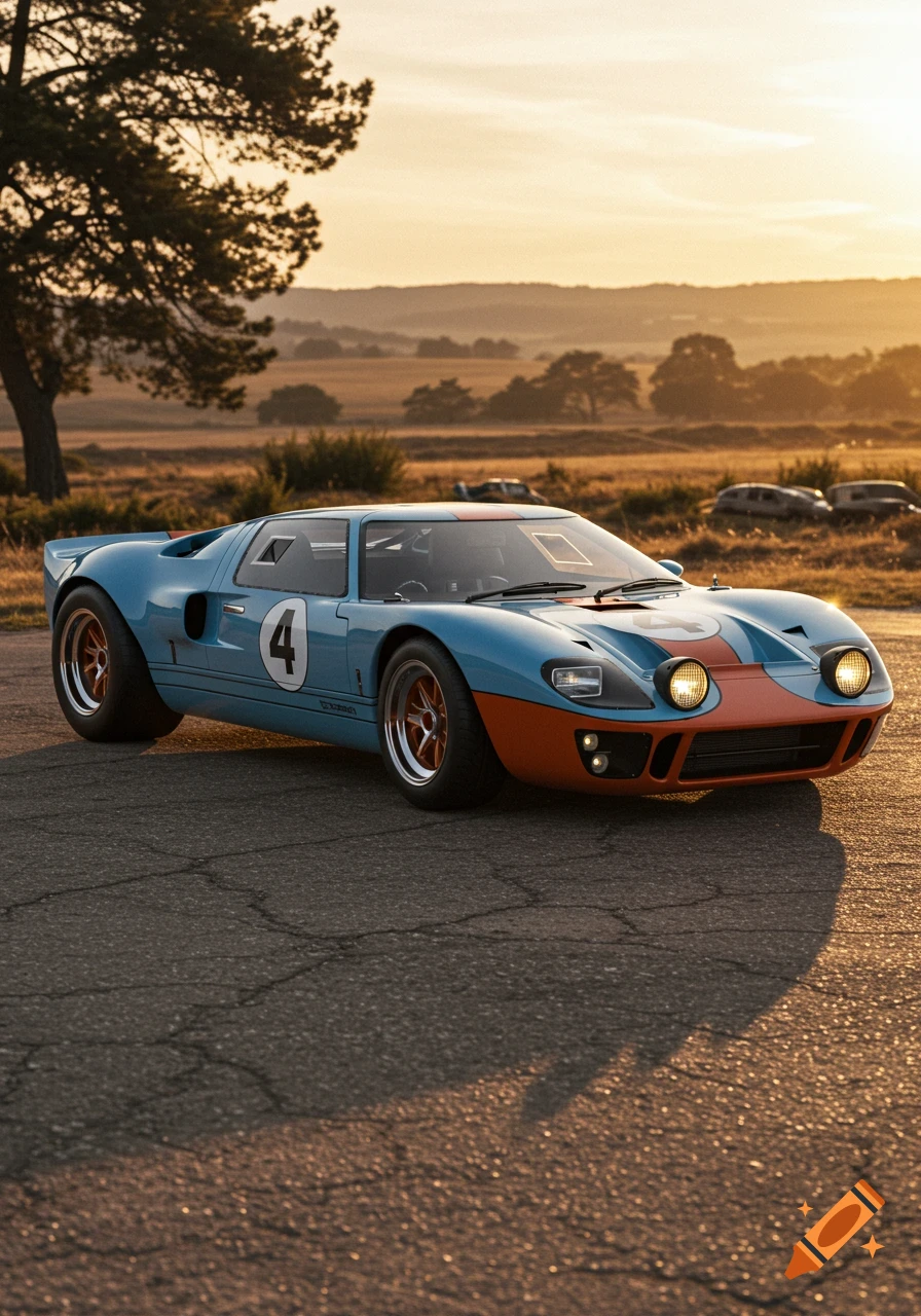 A light blue and orange Ford GT40 race car with the number 4 on its side, parked on an asphalt road at sunset.